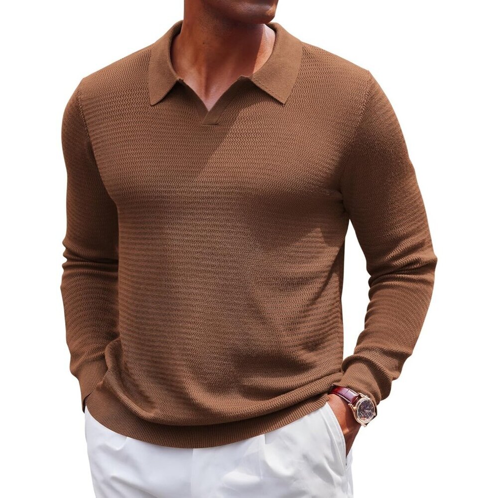 Men's Knit Polo Sweater V-Neck Long Sleeve Dress Pullover Fall Sweater Coffee
